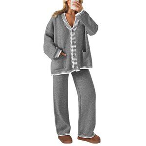 Cozy Knit Lounge Set Cardigan Sweater Wide Leg Pants Matching Outfit